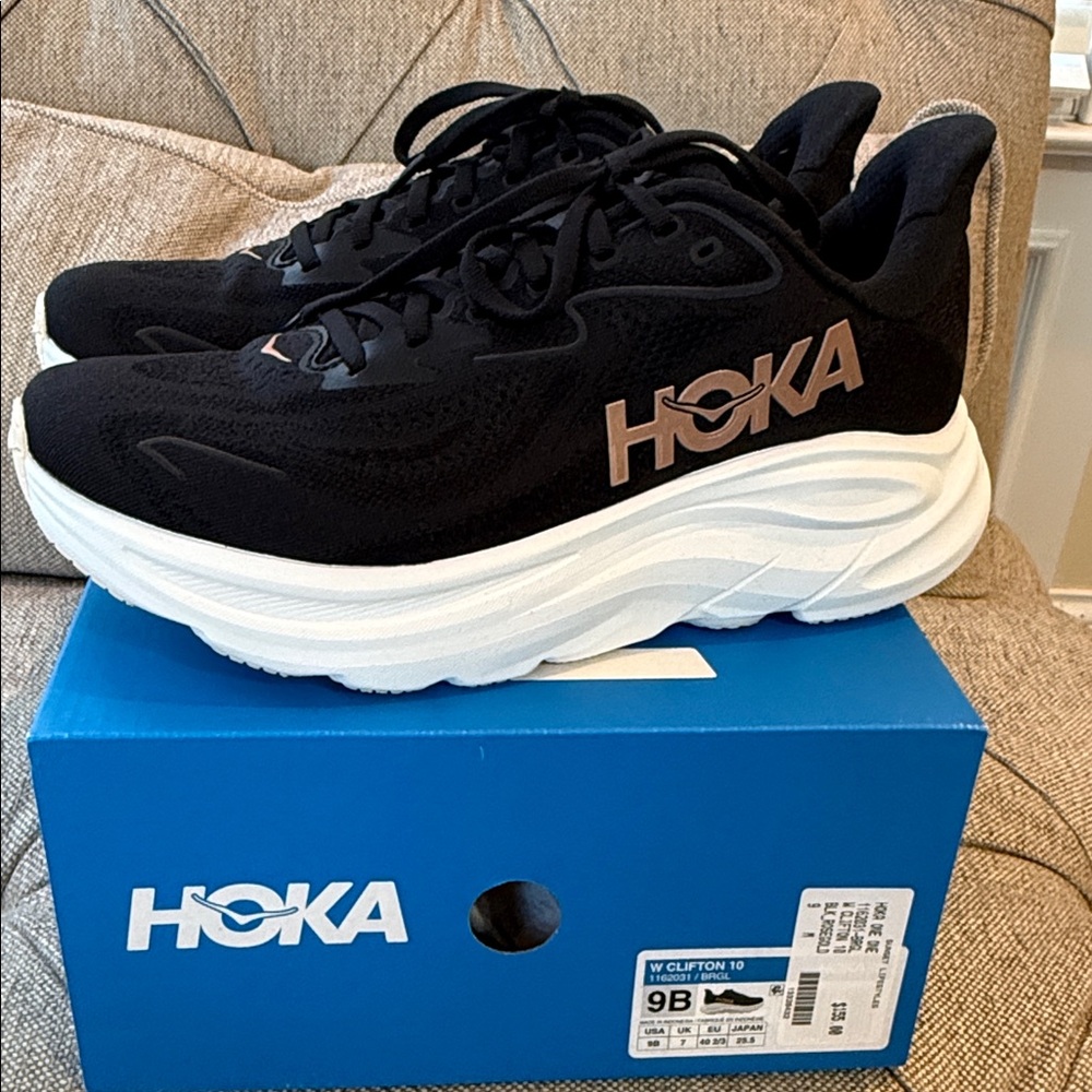 Women’s Hoka Black with White Sole Clifton 10 Running Shoes